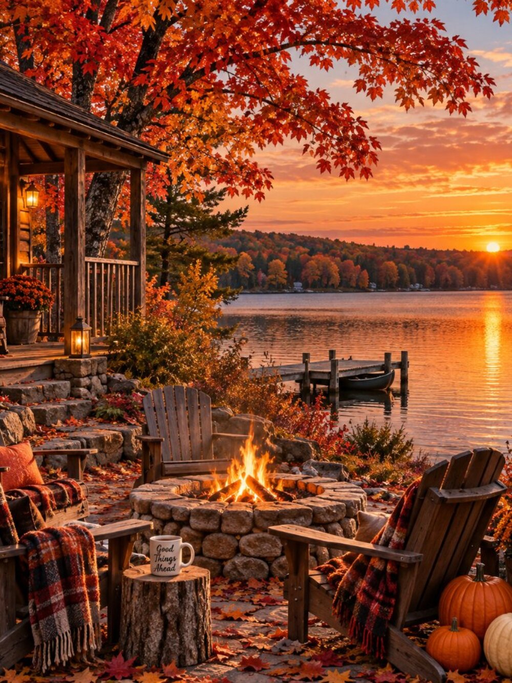 Cozy Autumn Lake Cabin Fall Wall Art Print 12x16 Rustic Decor